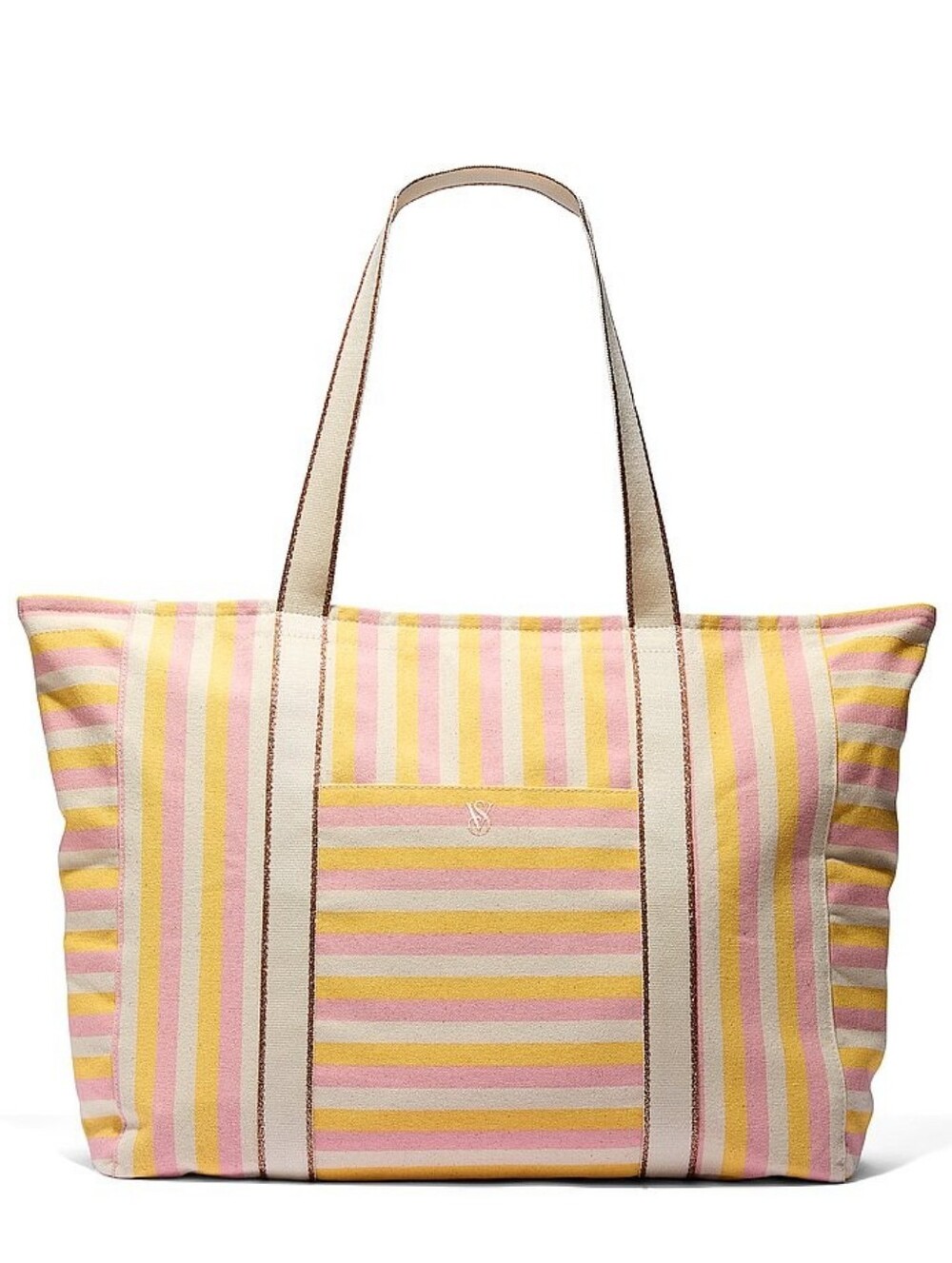 Victoria's Secret Canvas Zippered Pink & Yellow Striped Summer Tote Bag NEW Rare